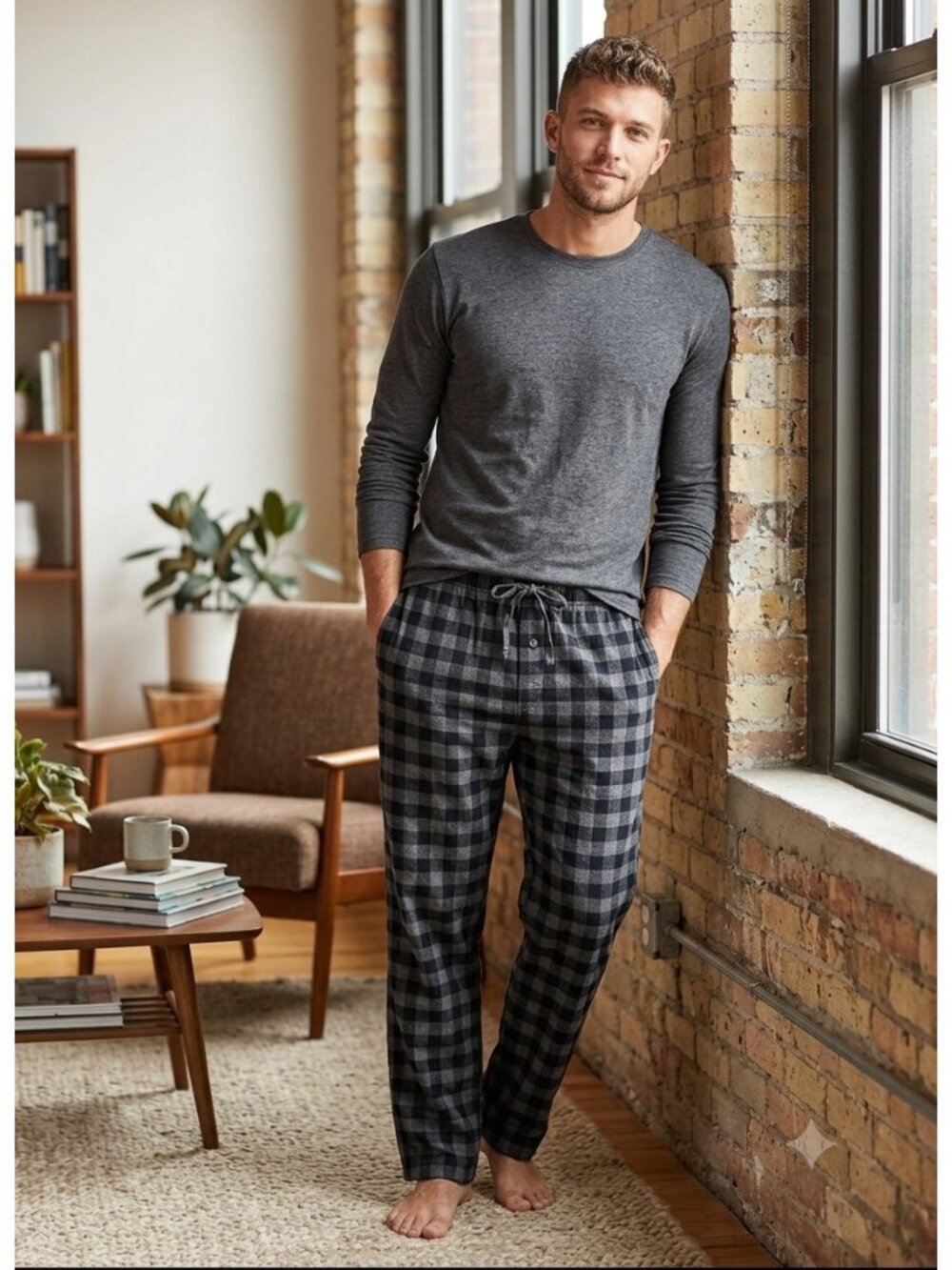 Mens Plaid Flannel Pajama Lounge Pants Blavk/Gray Size M Preppy Casual Cozy Warm